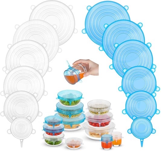 Silicone Stretch Lids, Zero Waste Reusable Silicon Container Lid Covers for Leftover Food Fruit Bowls Pots Cups Jars Dishes, 12PCS